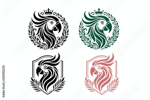 Luxury Royal Parrot Logo Collection – Premium Bird Emblem Vector Set with Crown and Shield
