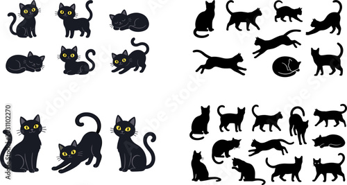 Bild auf Leinwand Black cat silhouettes and cute cartoon black cats vector set sitting sleeping wa