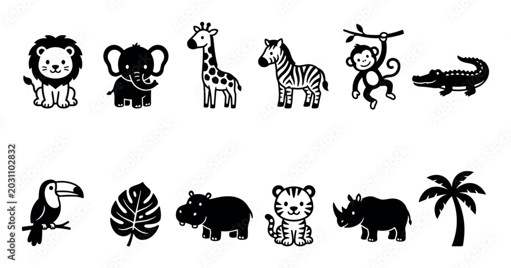 Naklejka premium Cute cartoon safari animals and tropical plants set in a simple black and white illustration style, perfect for children's designs and educational materials.