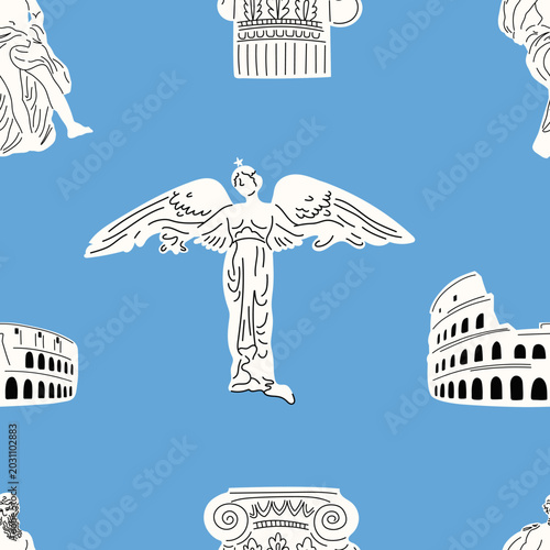 Blue seamless pattern with Italian Colosseum, historical classical monuments and Roman column. Vector travel background.