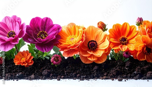 Vibrant blossoms emerge from rich soil, a colorful spring display