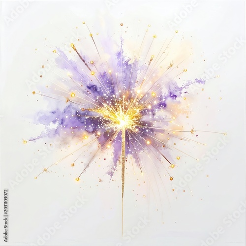 Luminous explosion of purple watercolor dust and golden sparks