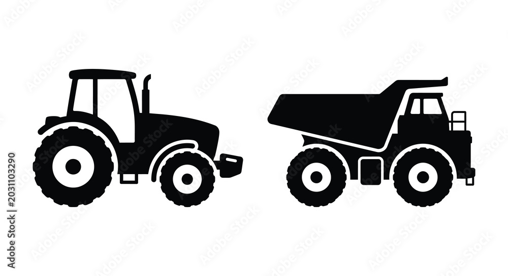 Obraz premium tractor and dump truck silhouettes on white background silhouette