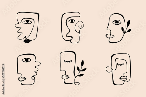 Fotografie Bohemian Abstract Face Line Art Set Modern Minimal Portrait Illustrations for Wa
