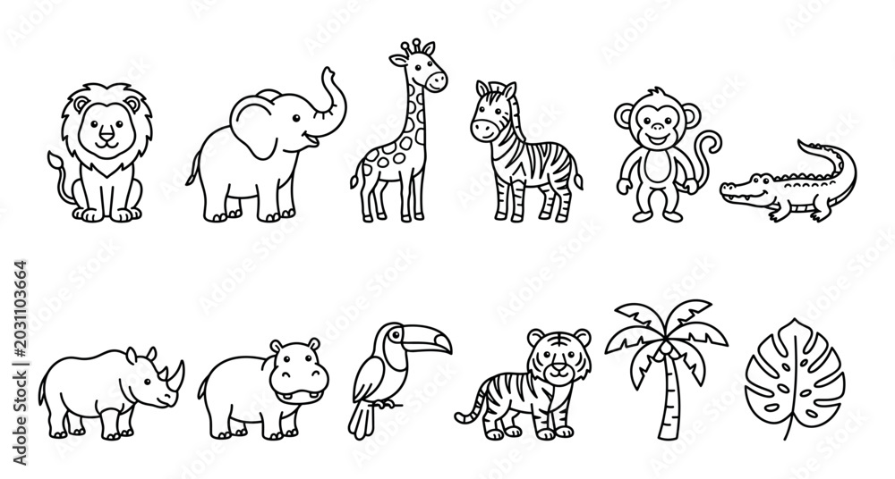 Naklejka premium Safari jungle animals and plants outline collection featuring cute cartoon lion, elephant, giraffe, zebra, monkey, and other wild creatures with tropical foliage.