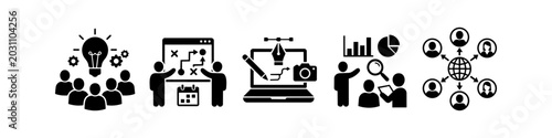 Set of professional business and marketing process icons including brainstorming, strategic planning, creative design, data analysis, and global networking connections.