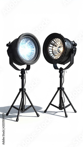 Two studio lights on tripods, one cool-toned, one warm-toned