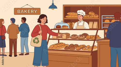 Fotografie Woman choosing fresh bread at bakery shop