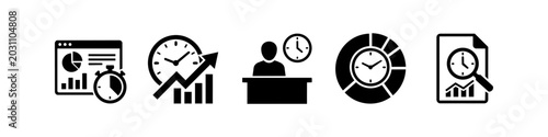 Tableau sur toile Set of five black vector icons representing time management, business efficiency, and data analytics