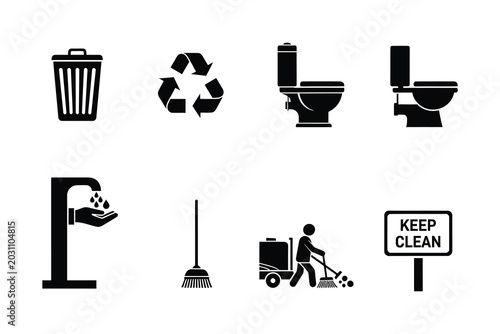 Cleaning and hygiene icons for public places and facilities