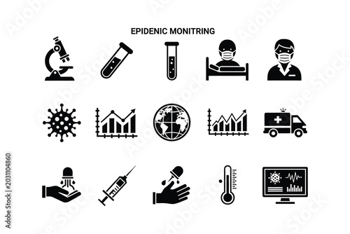 Epidemic monitoring icons set with medical and statistical symbols