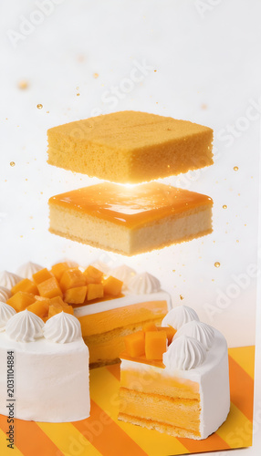 Deconstructed Layered Mango Cake with Floating Sponge Layers and Fresh Cream Slices in Bright Background