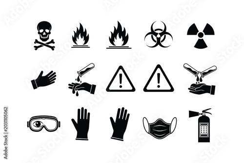 Set of safety warning and protection icons for various hazards and precautions