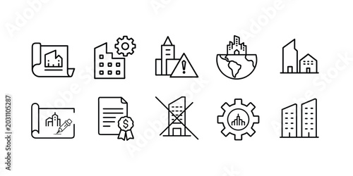 Fotografi Architecture outline icons set blueprint building global city house property estate development engineering document industry & more vector illustration with editable stroke