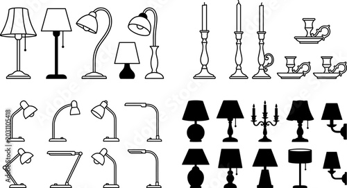 Cuadro en lienzo Interior lighting vector icons collection featuring retro table lamps modern des