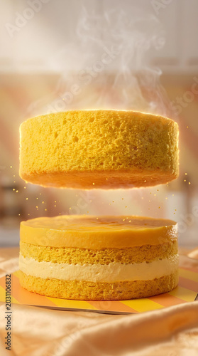 Freshly Baked Layered Yellow Sponge Cake with Steam Levitating in Studio Background