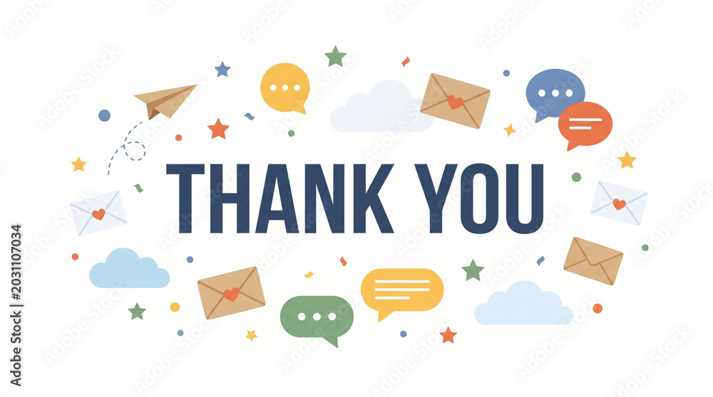 Fototapeta premium Creative thank you card illustration with flat vector icons including envelopes and speech bubbles for professional business communication and customer gratitude on white surface.