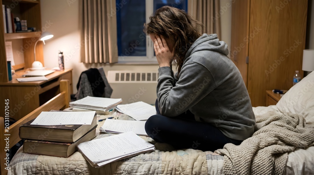 Fototapeta premium Sad and depressed female sitting alone on bed with books pondering and struggling with mental health breakdown