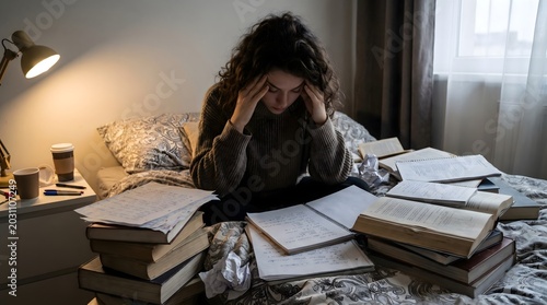 Frustrated young female worker or student feeling anxious and depressed during remote study overload in cozy bedroom