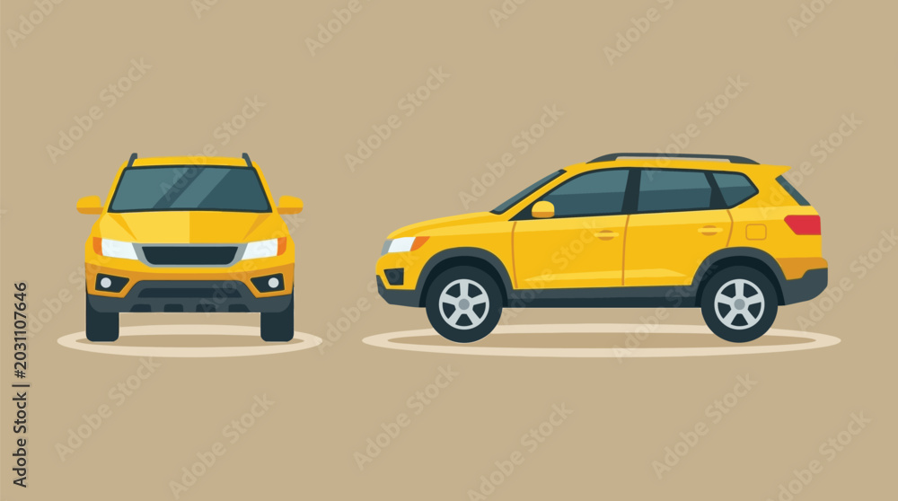 Obraz premium Yellow compact and suv cars viewed from front and side angles