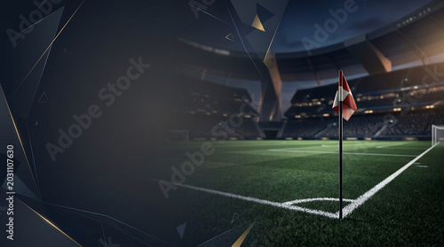 Generative AI illustration of corner flag in a soccer stadium with abstract geometric border and copy space