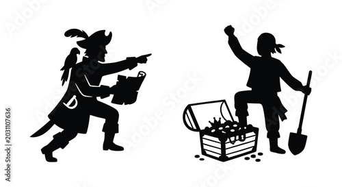 Schilderij op canvas pirate characters with treasure chest and parrot silhouette
