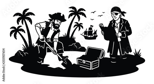 Foto pirates digging treasure chest on tropical island silhouette