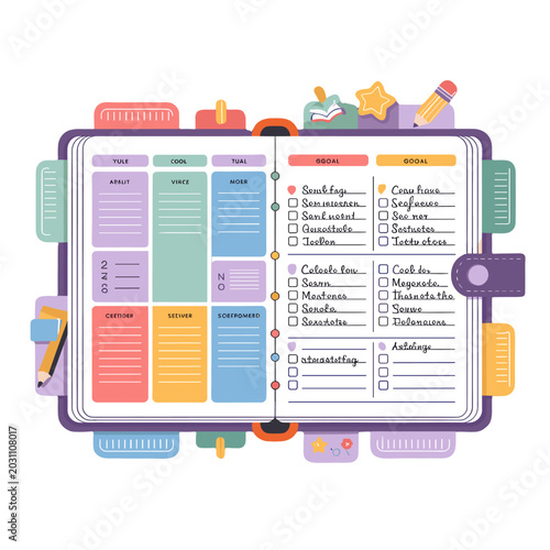 A colorful planner filled with to-do lists and weekly schedules.