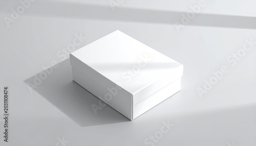 A simple, white rectangular box casts a shadow on a clean, minimalist surface