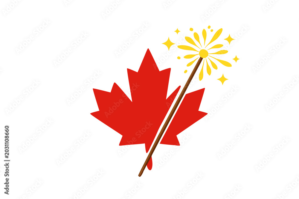 Obraz premium Red Canadian maple leaf with glowing magic wand and golden sparkles, festive Canada symbol vector illustration isolated on transparent background