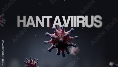 Photos Hantavirus pathogen cell macroscopic 3D render with giant text bold typography name on dark abstract microbiology background