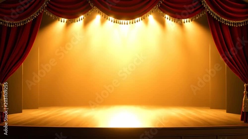 Theatrical red curtain opening sequence with falling gold confetti for a grand reveal. An empty stage is illuminated by bright spotlights for a show or presentation background