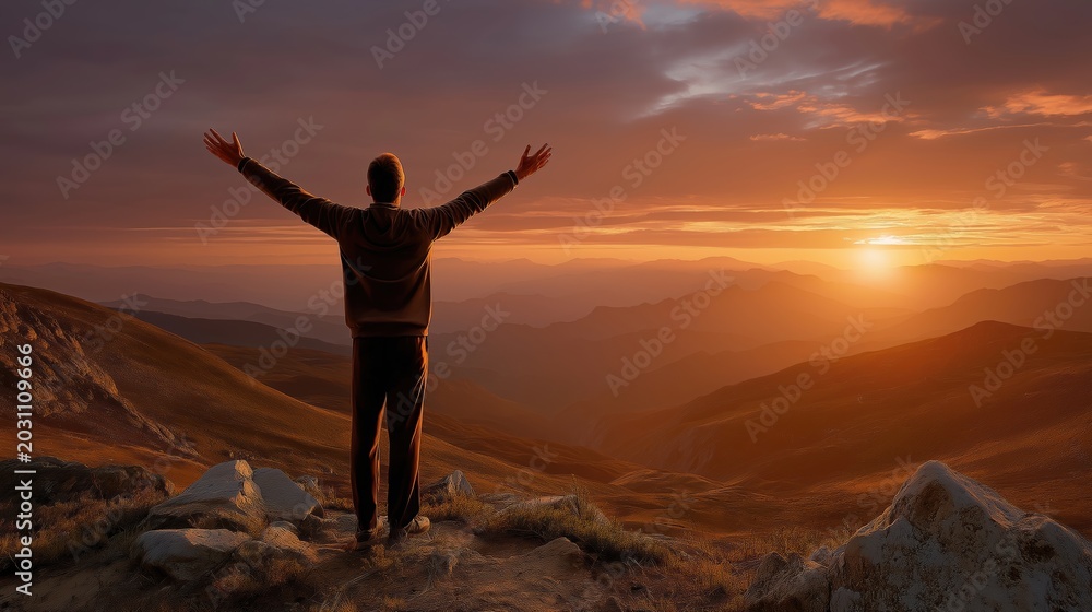 Fototapeta premium Man standing on mountain peak with arms outstretched at sunset. Success and freedom concept in nature