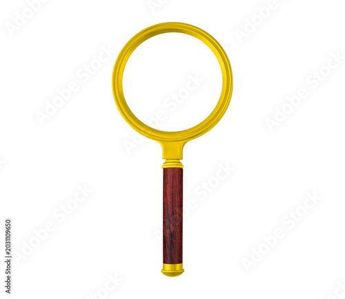 Antique style hand magnifier with golden frame and dark wood handle. Professional studio shot of an optical loupe for reading or investigation