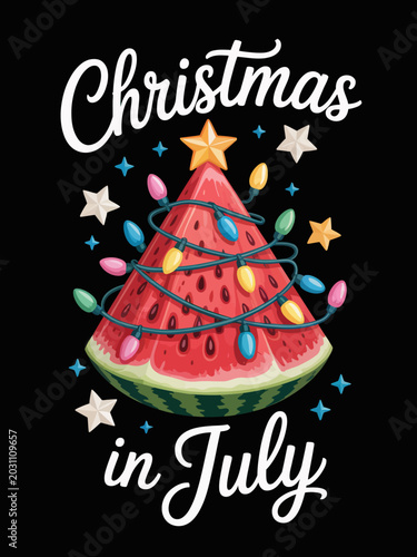 A watermelon is cleverly depicted as a Christmas tree. Bright lights and a star adorn the fruit, set against a dark background.