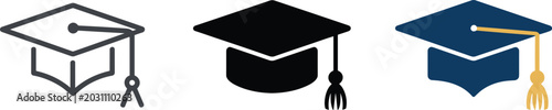 Graduation cap icon set with pitch black solid silhouette and outline style cad drawing flat vector illustration on white background,