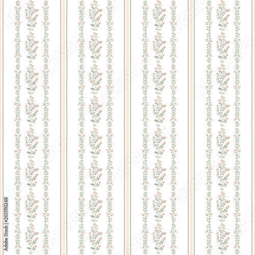Charming floral stripe seamless pattern with dainty pink flowers. Vertical botanical border ornament on white background for cottage core apparel fabric, shabby chic wallpaper, 