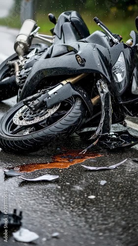 Damaged motorcycle lying on asphalt after traffic accident. Fallen sportbike with wreckage and leaked fluid on rainy road. Danger road safety concept. Vertical video