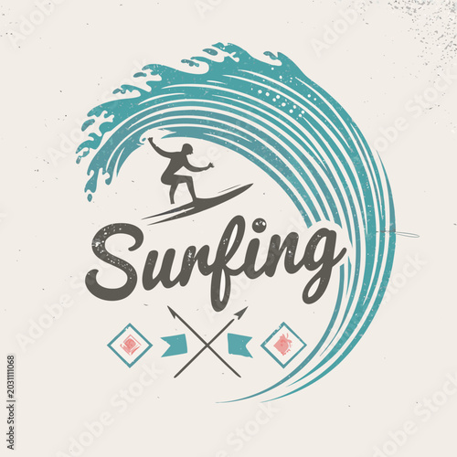 Photography vintage surfing illustration with surfer silhouette and wave design