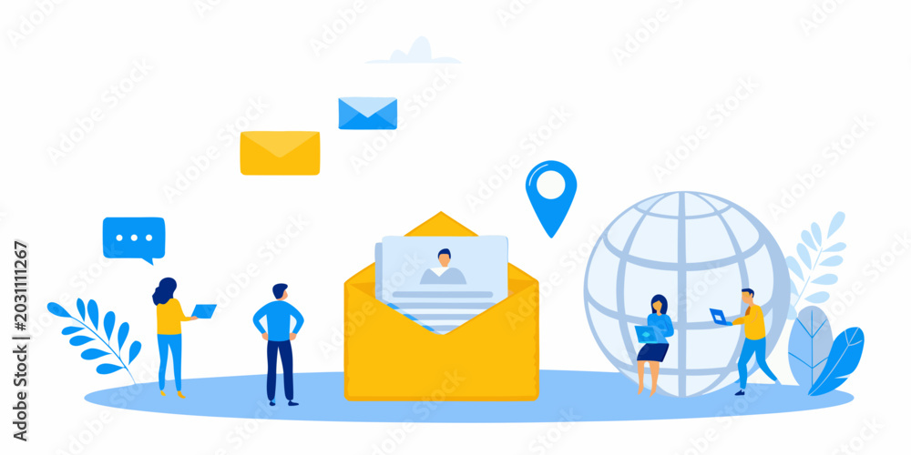 Fototapeta premium email communication scene with people laptops globe and speech bubbles