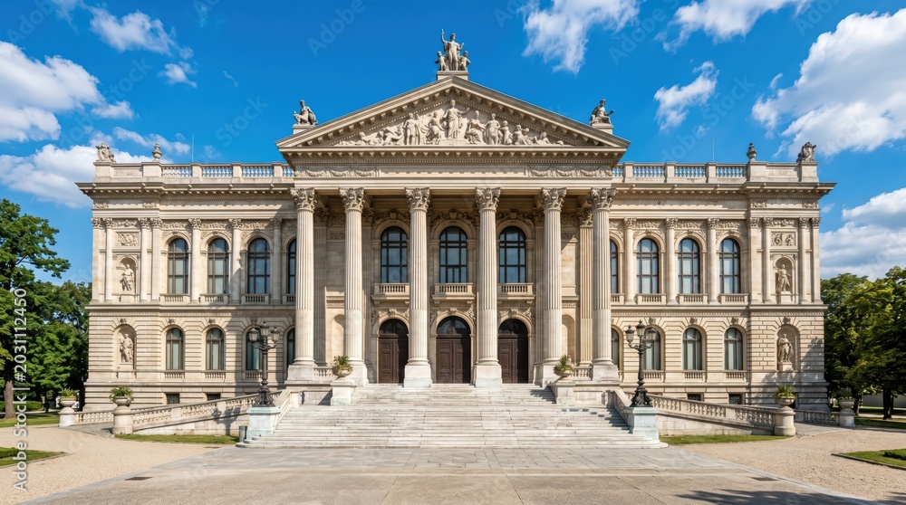 Obraz premium Historic neoclassical building facade with columns and carved pediment facing sunny public plaza and wide stone steps