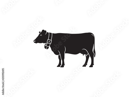 A black silhouette illustration of a standing dairy cow wearing a bell on white background