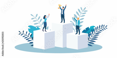 people celebrating success on podiums with trophy