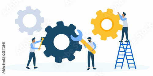 people working on gears illustration with tools
