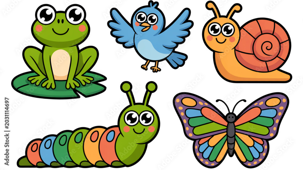 Obraz premium Colorful cartoon animals including frog, caterpillar, ladybug, and butterfly in a playful scene Vector