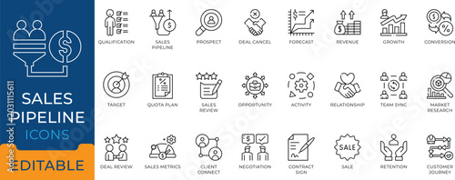 Fotografia Sales pipeline and CRM strategy line icons