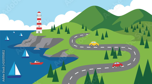 Scenic coastal road trip with lighthouse and mountains