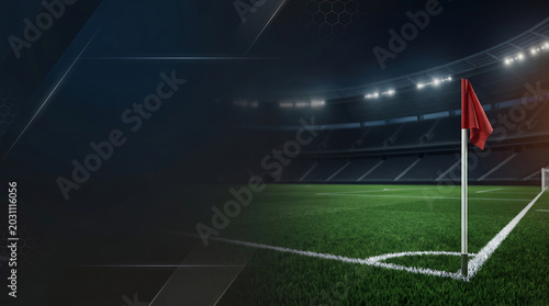 Generative AI illustration of a football stadium corner with red flag and futuristic hexagonal dark border