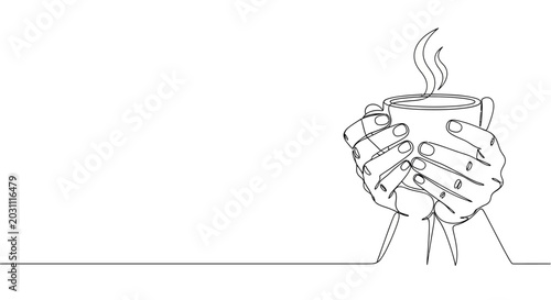 Photos Continuous line drawing of hands holding a steaming cup of coffee