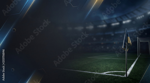 Generative AI illustration of empty soccer arena pitch corner framed by modern neon blue and gold elements